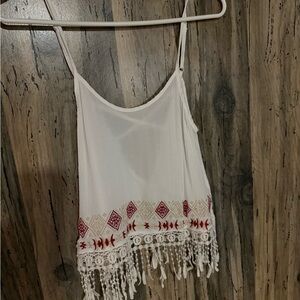 White and Red Embroidered Fringe Tank Top